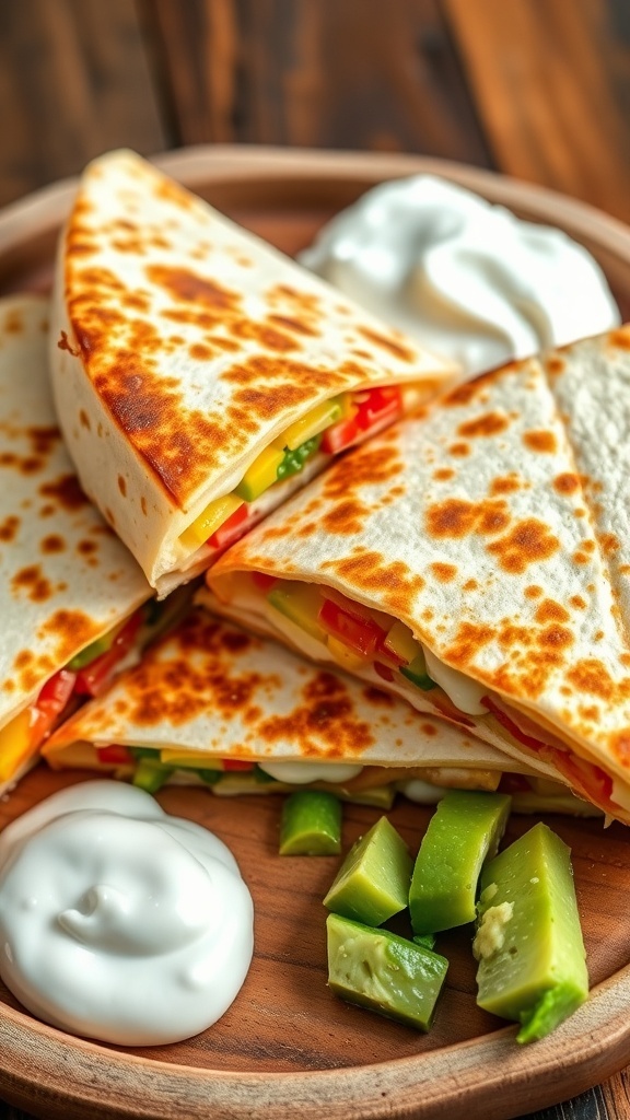 Four-Way Folded Quesadilla Recipe A crispy four-way folded quesadilla filled with cheese and vegetables, served with sour cream and guacamole.